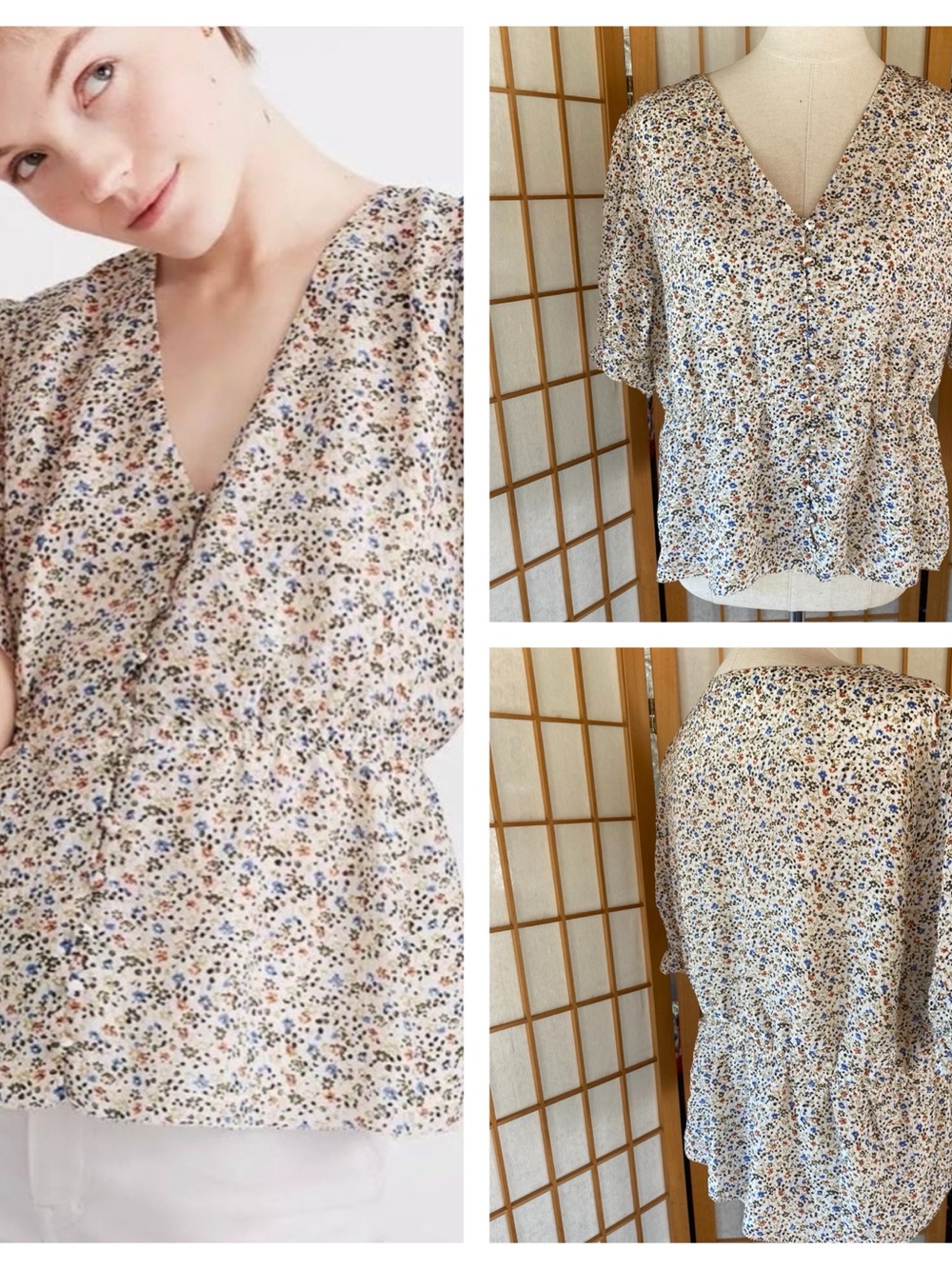 Madewell Petite Floral Print Short Sleeve Peplum Silk Blouse CottageCore